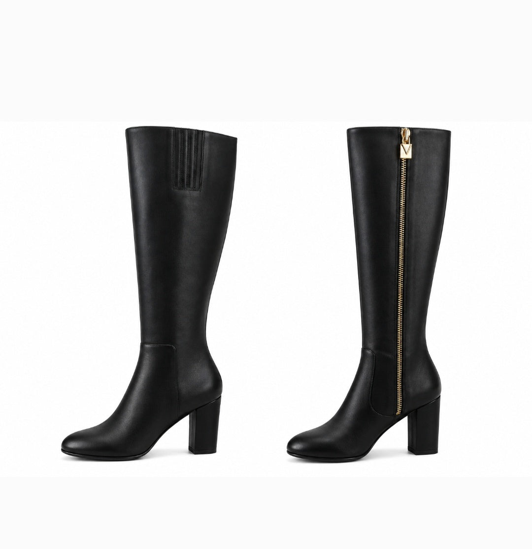 Michael Kors Black Knee-High Boots with Gold Zipper