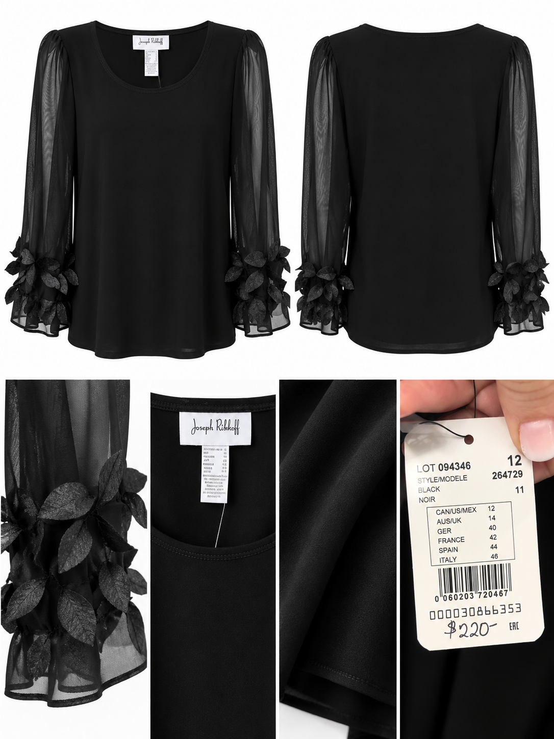 Joseph Ribkoff Black Sheer Floral Sleeve Top
