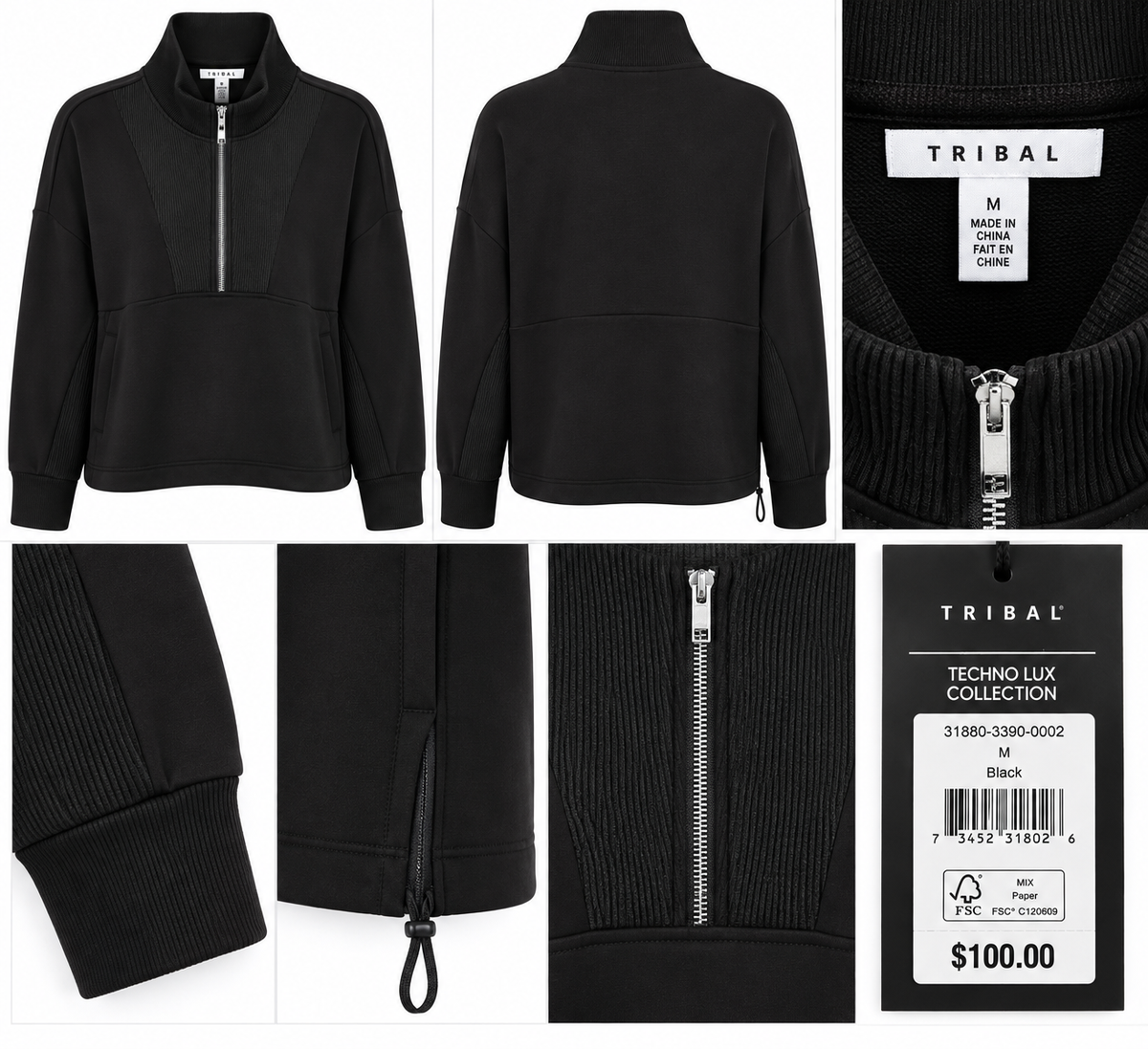 TRIBAL Black Quarter-Zip Pullover