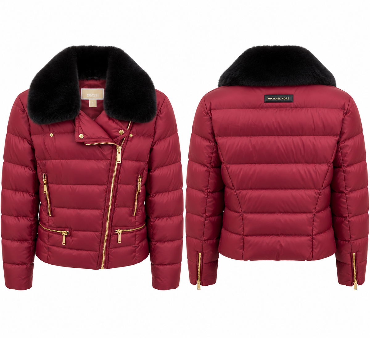 Michael Kors Burgundy Quilted Puffer Jacket with Black Fur Collar