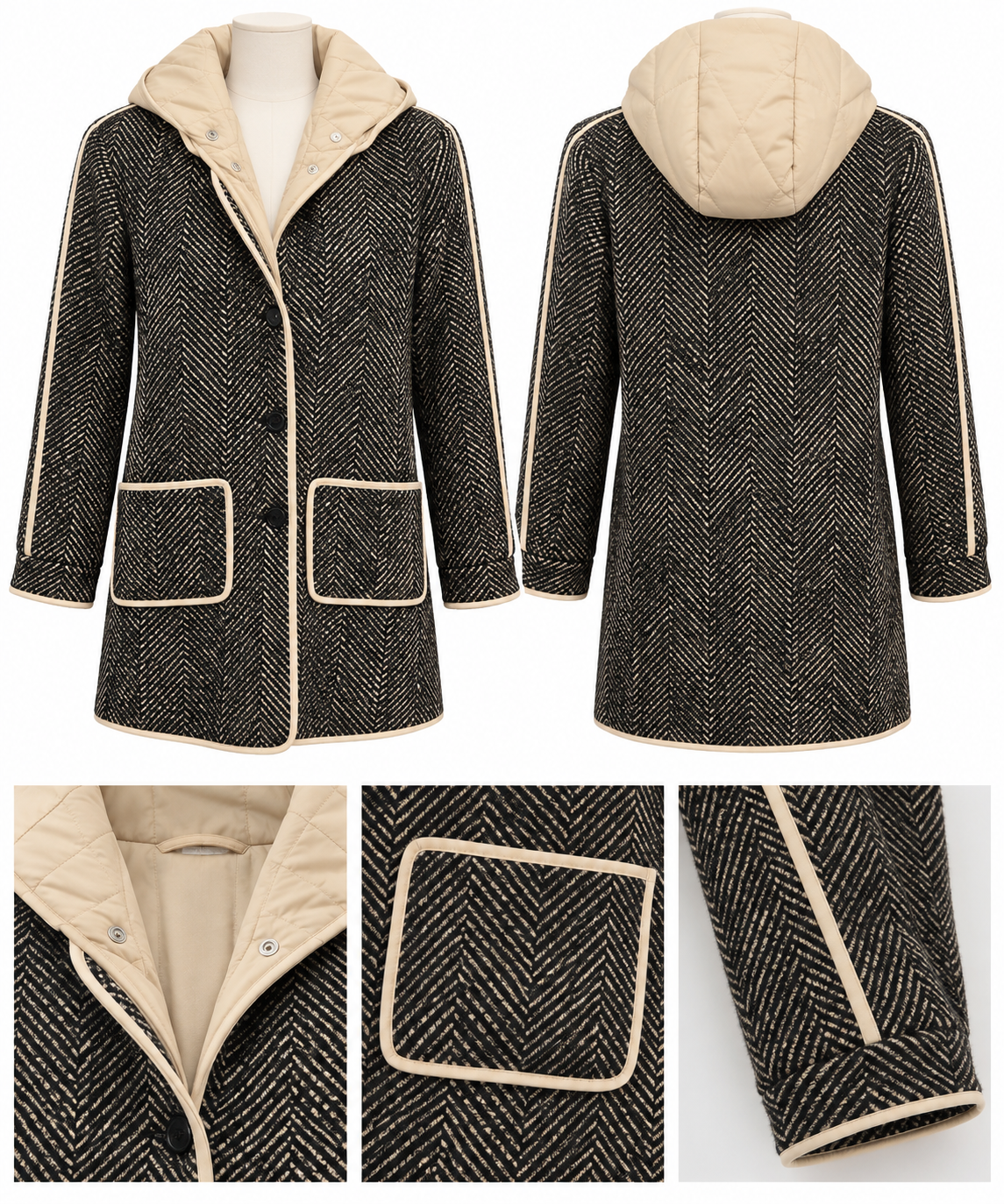 Tribal Hooded Herringbone Coat with Contrast Trim