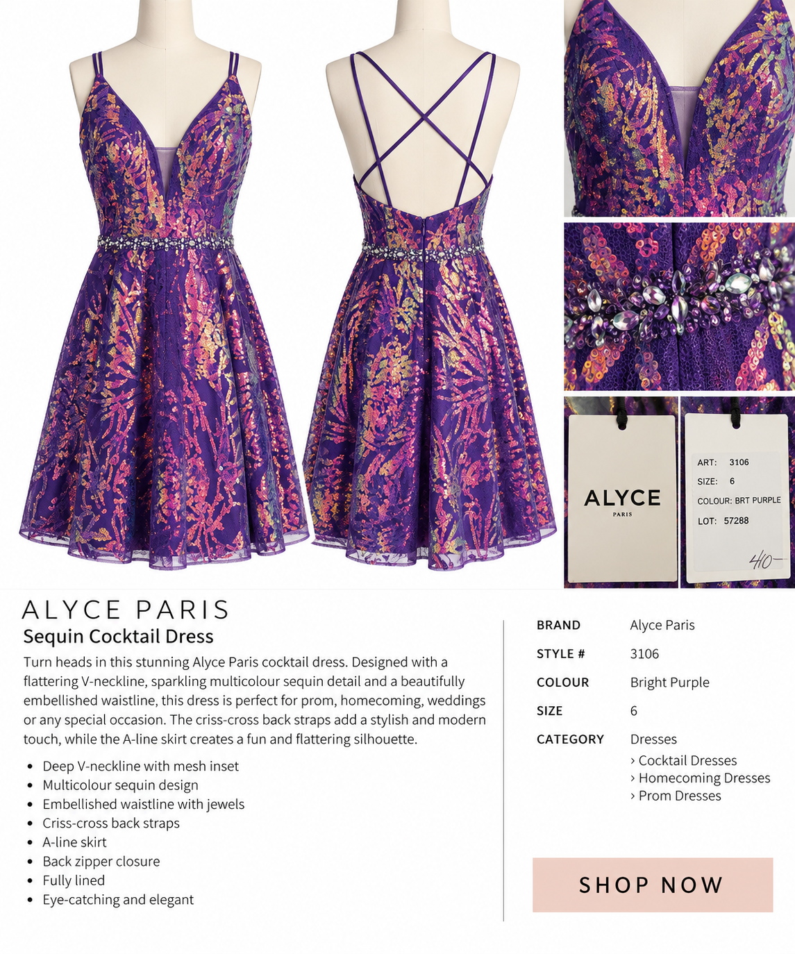 Alyce Paris Purple Sequin Cocktail Dress