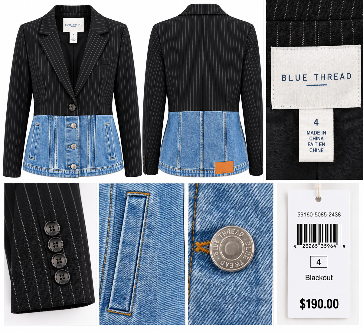 Blue Thread Black Ribbed Denim-Trim Blazer