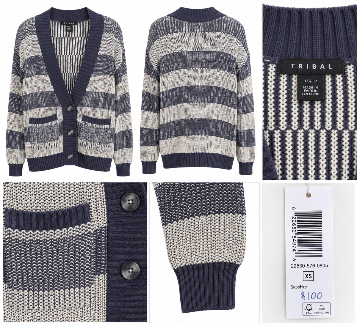 TRIBAL Navy & Grey Striped Button-Front Cardigan