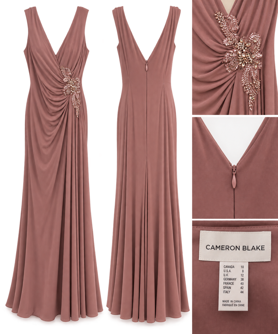 Cameron Blake Rosewood Embellished Ruched Gown