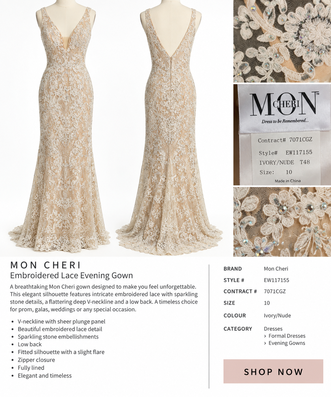 Mon Cheri Embroidered Lace Evening Gown
