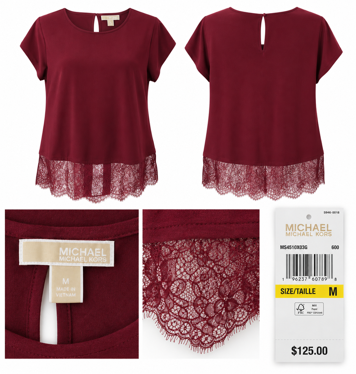 Michael Kors Burgundy Lace-Hem Top