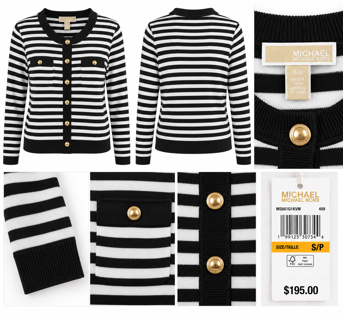 MICHAEL Michael Kors Black & White Striped Button Cardigan