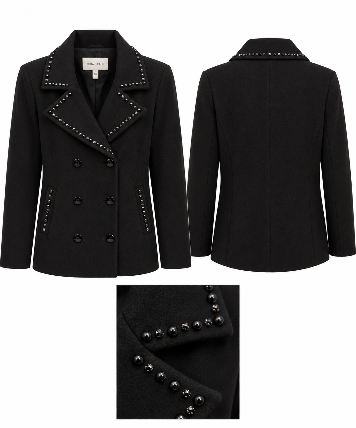 Women's Black Double-Breasted Peacoat with Studded Detailing