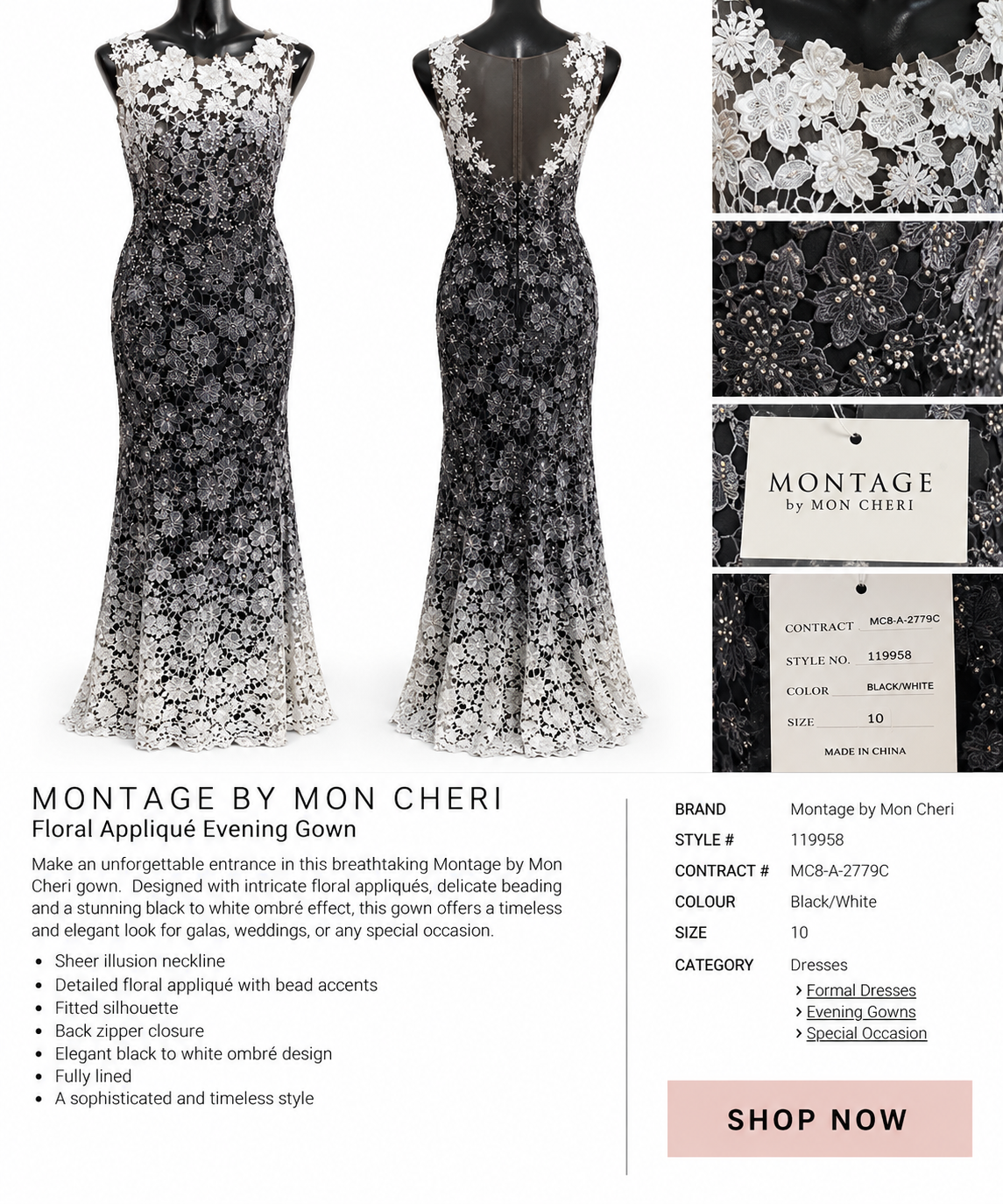 Montage by Mon Cheri Floral Appliqué Evening Gown
