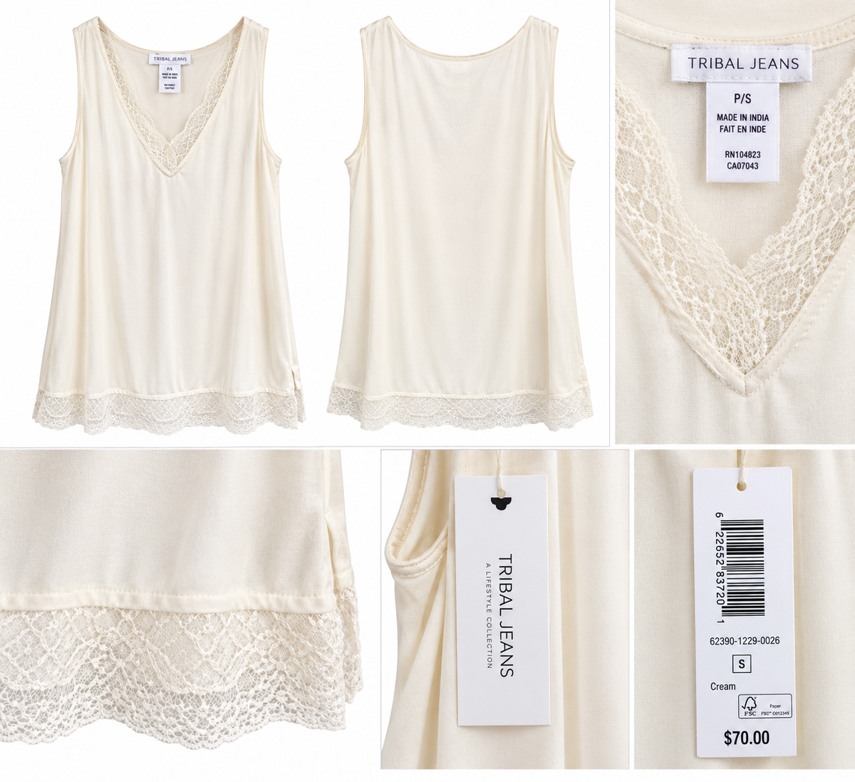 TRIBAL Ivory Lace-Trim Sleeveless Top