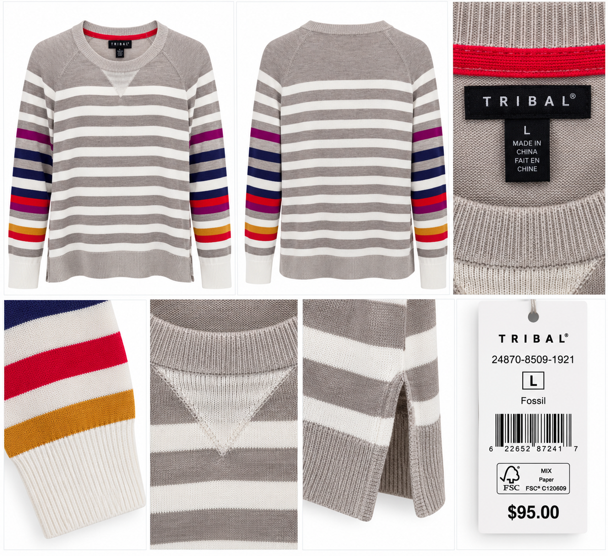 TRIBAL Fossil Striped Colour-Block Sweater