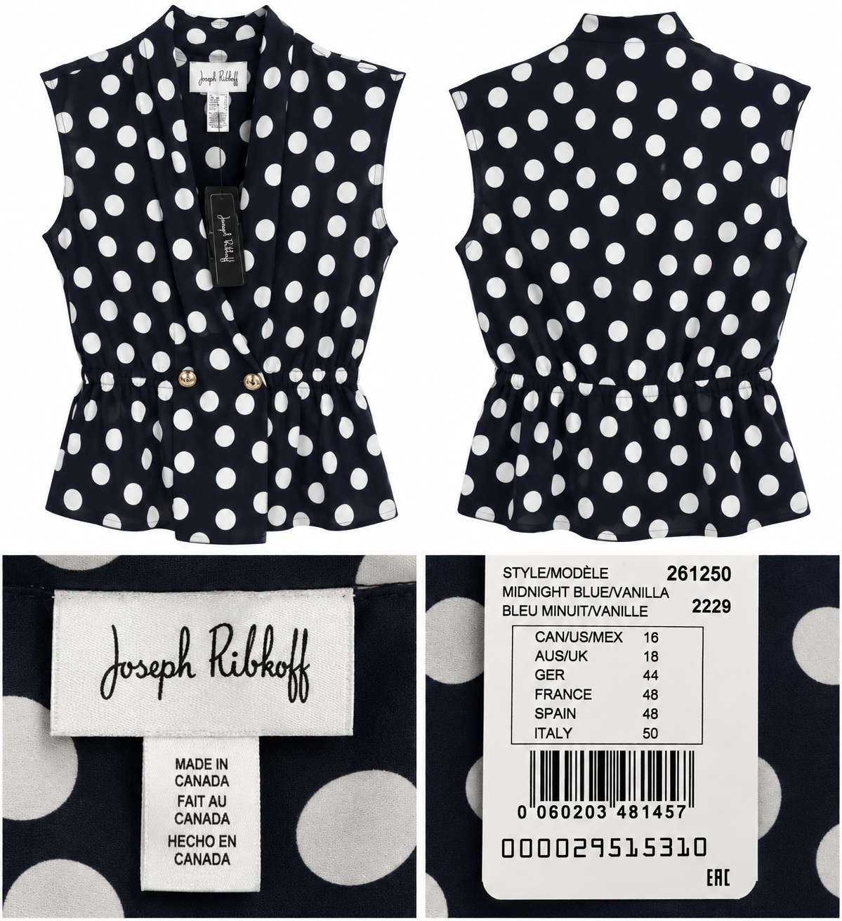 Joseph Ribkoff Black & White Polka Dot Peplum Top