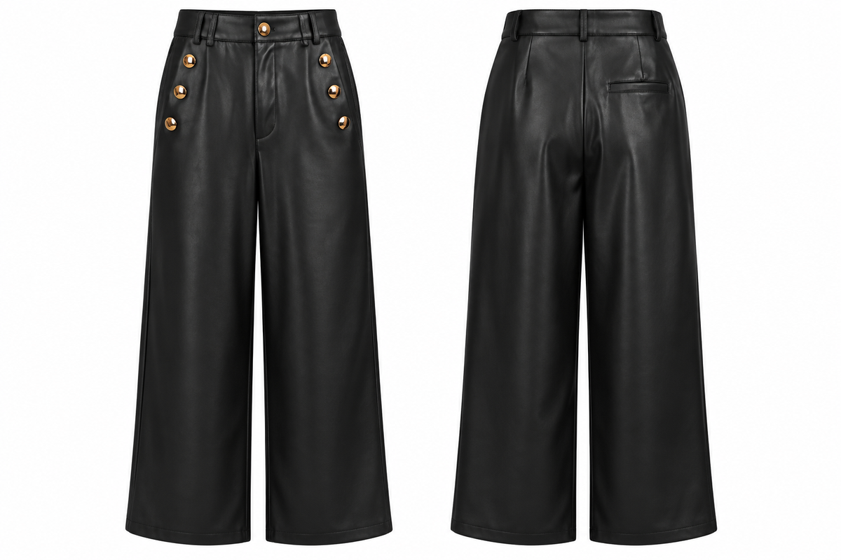 Frank Lyman Black Faux Leather Cropped Wide-Leg Culottes