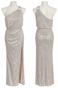 Silver Sequin Draped Evening Gown