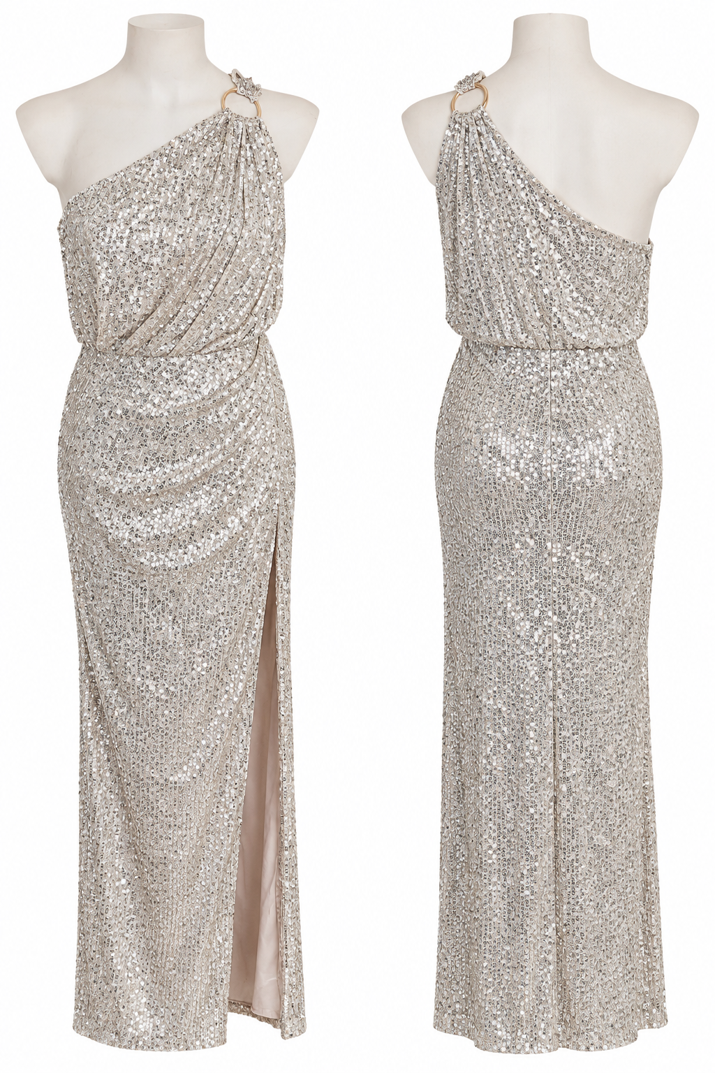 Silver Sequin Draped Evening Gown