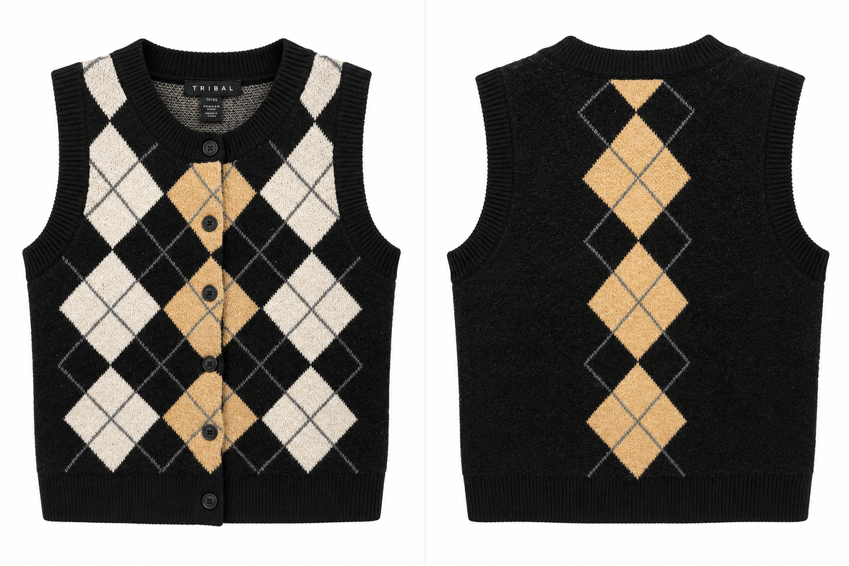 TRIBAL Black Argyle Button-Front Sweater Vest