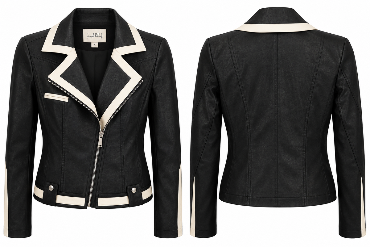 Joseph Ribkoff Black Faux Leather Jacket with Ivory Trim
