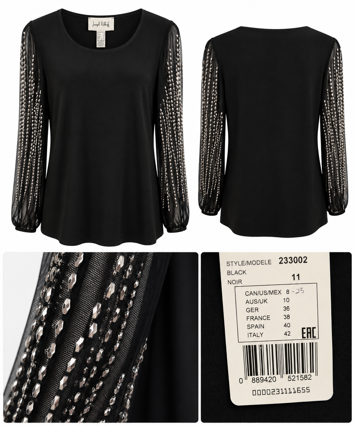 Joseph Ribkoff Black Sheer Sequin Sleeve Top