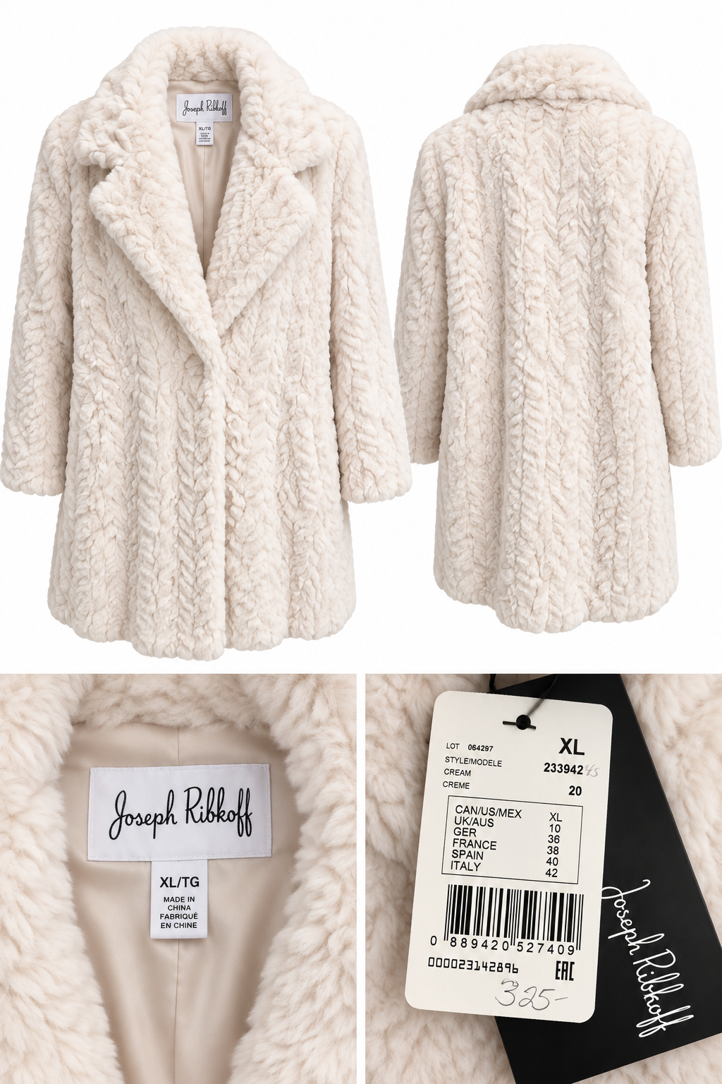 Joseph Ribkoff Ivory Textured Faux Fur Coat