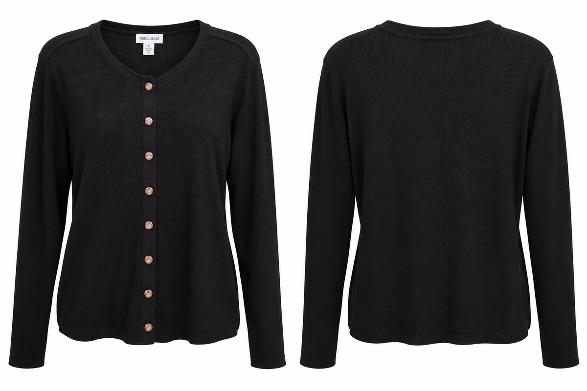 Black Button-Front Long Sleeve Cardigan
