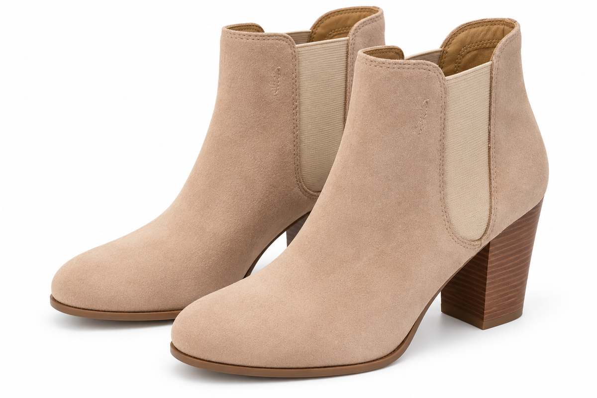 Beige Suede-Look Chelsea Ankle Boots with Block Heel