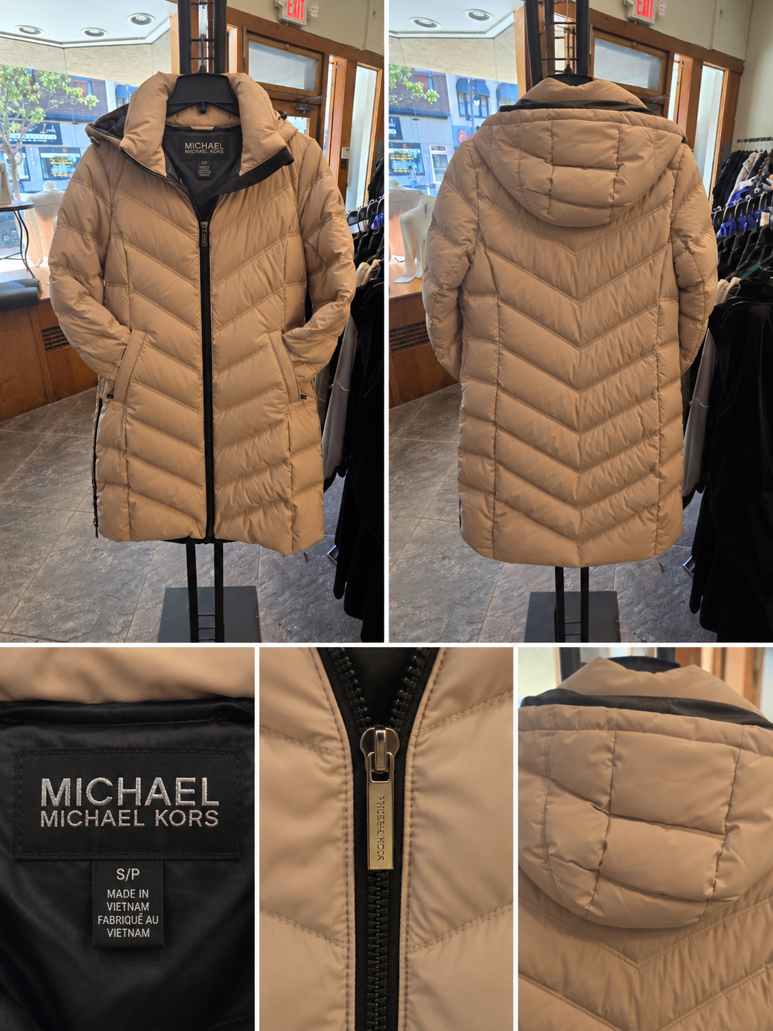 Michael Kors Women's Camel Quilted Hooded Long Puffer Coat