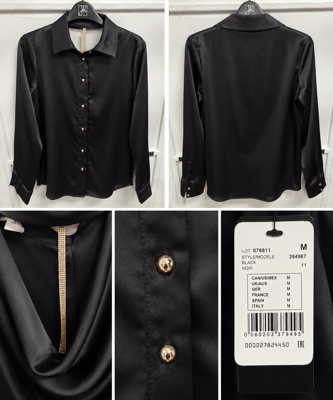Black Satin Button-Front Blouse